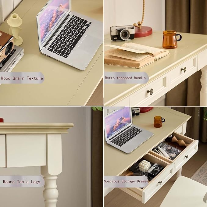 Beige Writing Desks with Drawers, 47" Solid Wood French Country Style Computer Table for Home Office, Living Room Study or Workspace