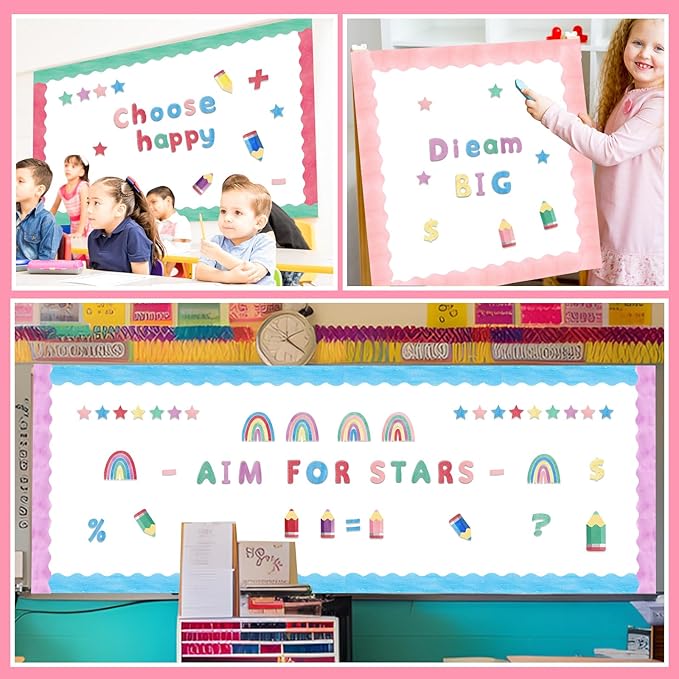 Kosiz Colorful Watercolor Bulletin Board Decoration Set 118 ft Scalloped Bulletin Board Borders Classroom Poster Border Trim with 257 Pcs Letter Number Symbol Cutout for School Decor