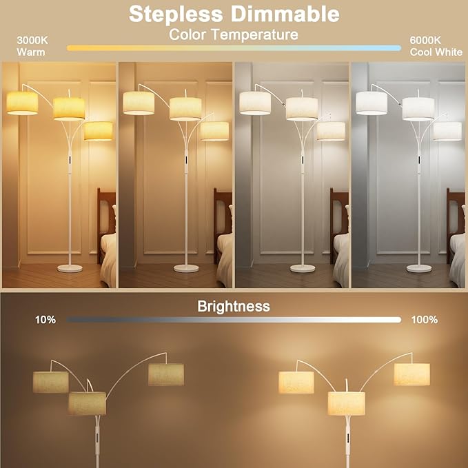 36W Dimmable Floor Lamp - 3 Lights Arc Floor Lamps Standing Lamp with Remote & Touch Control, Tall Lamp for Living Room Corner, Bedroom, Office