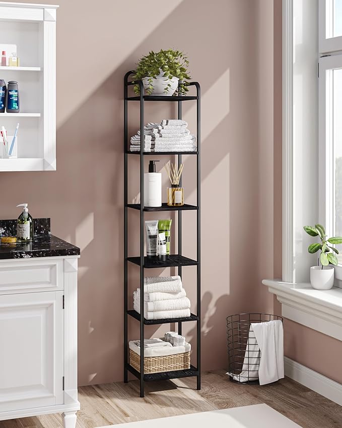 Bookcase Bookshelf, Narrow Book Shelf, Industrial Corner Shelf Storage Organizer, Slim Shelving Unit for Home Office, Living Room, Bedroom, Kitchen, 6-Tier Black BC24604B