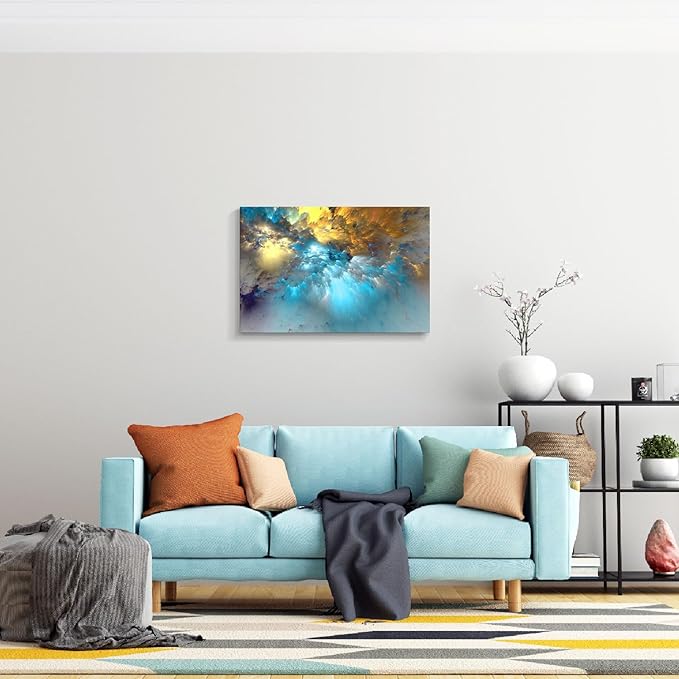 Golden Canvas Wall Art Blue Modern Abstract Painting Prints Colorful Smoke Billowing on White Background Framed Energetic Artwork Pictures for Living Room Bedroom Hallway Wall Decoration 36x24in