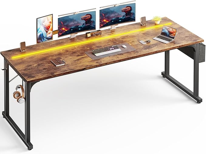 63 Inch Computer Desk with LED Lights, Office Desk for Home Office, Study Desk Writing Table with Storage Bag, Headphone Hook, Rustic Brown