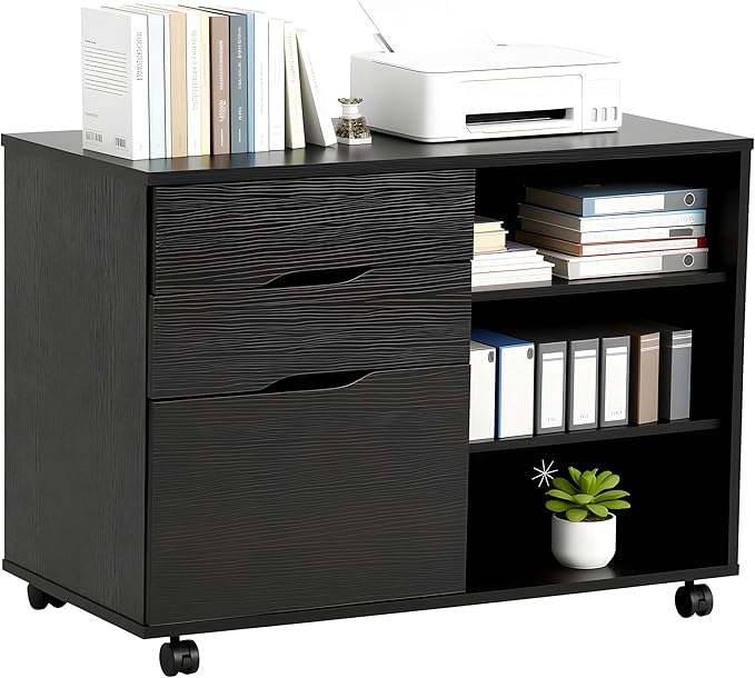 PayLessHere Lateral File Cabinet with 3 Drawers | Rolling Filing Cabinets Under Desk Storage with Wheels | Printer Stand Wood Organizer with Adjustable Shelf for Home Office Small Space, Black