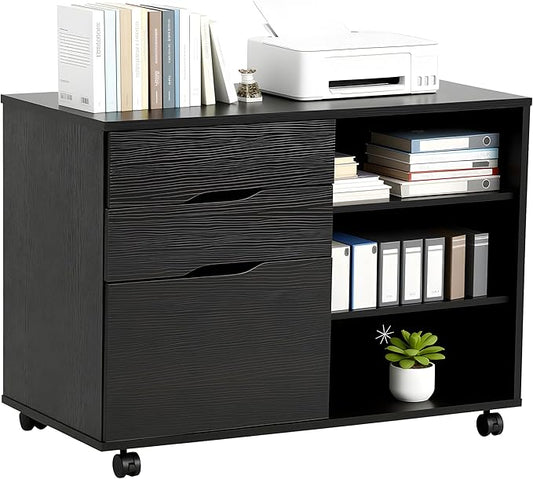 PayLessHere Lateral File Cabinet with 3 Drawers | Rolling Filing Cabinets Under Desk Storage with Wheels | Printer Stand Wood Organizer with Adjustable Shelf for Home Office Small Space, Black