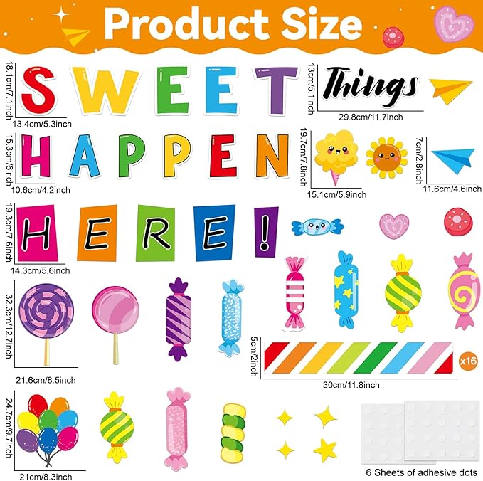 gisgfim Sweet Candy Things Happen Here Bulletin Board Decorations Back to School Colorful Paper Cutouts Sweet Candy Bulletin Board Set for Kindergarten Preschool Elementary Wall Decor Supplies