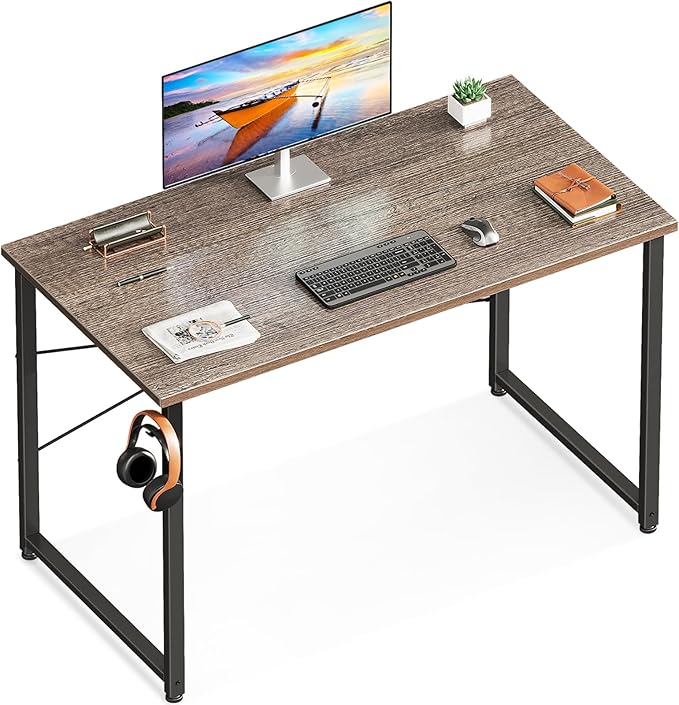 Casaottima 40 Inch Small Computer Desk for Home Office, Study Writing Table for Small Spaces, Simple Modern Desk with Headphone Hooks, Grey Oak