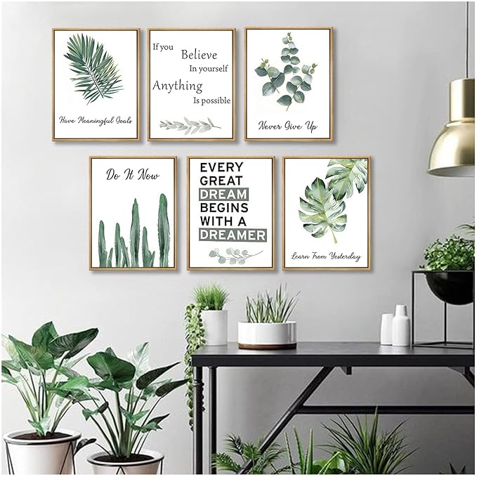 6pcsOffice Inspirational Botanical Canvas Wall Art Eucalyptus Leaves Sage Motivational Quotes Painting Picture Wall Decor Never Give Up Poster Print Artwork For Classroom Bedroom Home Decoration