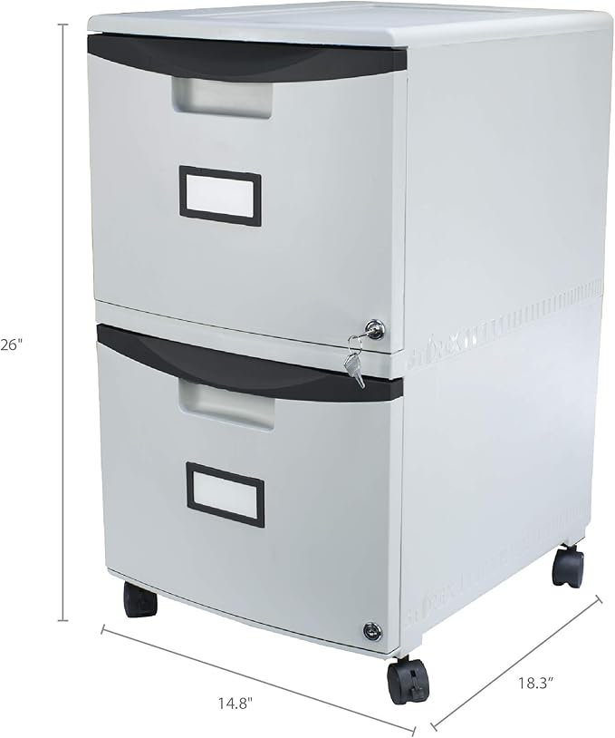 Storex Plastic Two-Drawer File Cabinet – Locking Document Organizer with Casters for Home and Office, Gray, 1-Pack (61311C01C)
