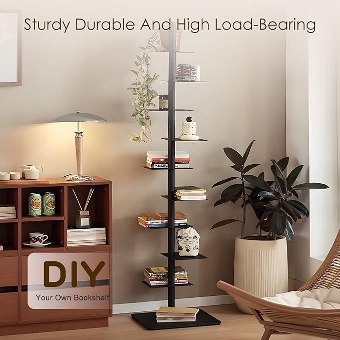 9-Tier Metal Spine Bookshelf - Vertical Tower for Booksfor Small Spaces, Multipurpose Corner Bookshelf, Tall & Narrow Ladder Bookcase, Ideal Book Display for Home or Office (Brown)