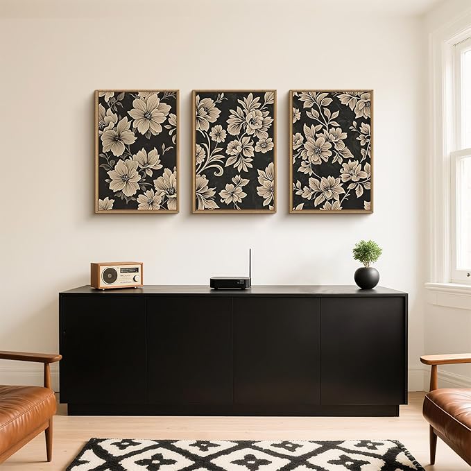 BICERE Large Vintage Floral Framed Canvas Wall Art Set,Mid Century Modern Flower Wall Decor,Neutral Wildflower Art Prints,Retro Botanical Plant Artwork for Living Room,Dining Room,Office-16"x24"x3