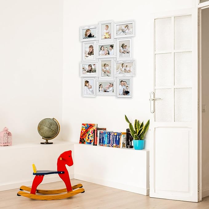 HELLO LAURA - Photo Collage Frames for Wall White Curved Classic European Style 12 Opening 27" x 20.5" Wall Hanging Picture Frame Collage 4" x 6" Photo Sockets x 12 | Gallery Style