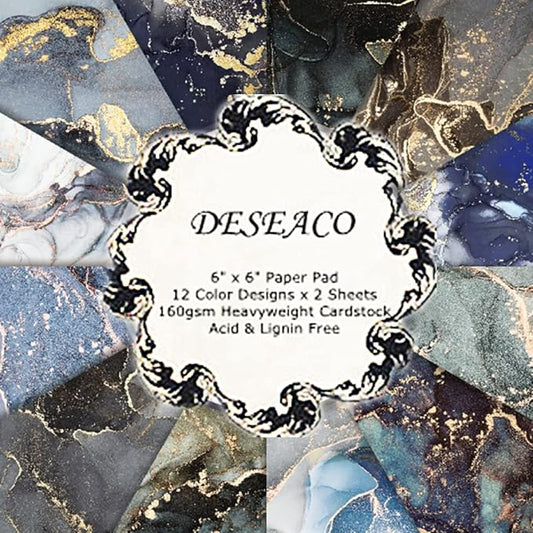 Dark Marble Scrapbook Paper Pad 6x6 – Black, Blue, Purple, Gold Designs, Single-Sided Decoupage & Origami Sheets, Moody Cardstock for Scrapbooking, Junk Journals, DIY Crafts – 24 Pcs