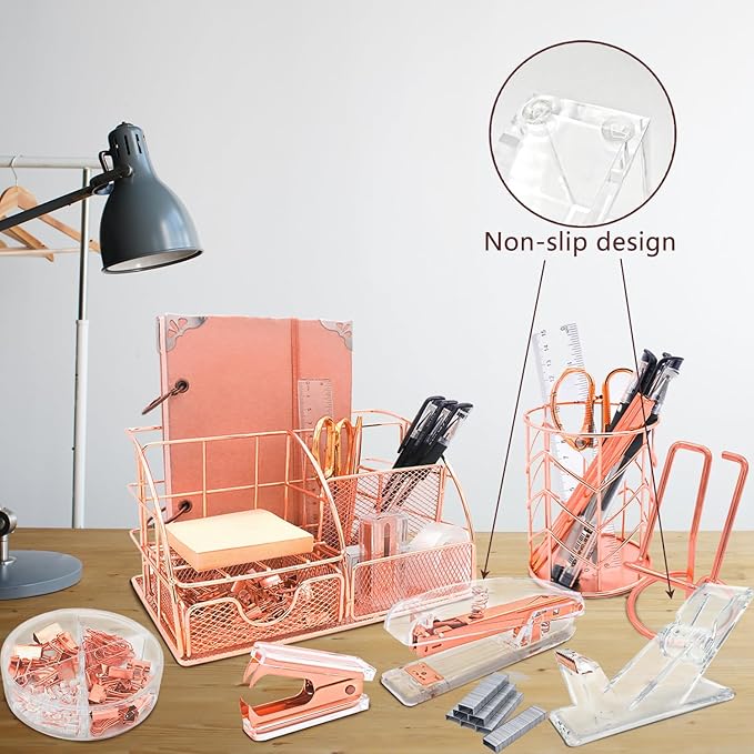 Rose Gold Desk Organizers and Accessories,Office Supplies Set,13PS Set with Acrylic Stapler,Tape Dispenser,Staple Remover,Pen Holder,Clips,Scissor, Phone Holder,Pen