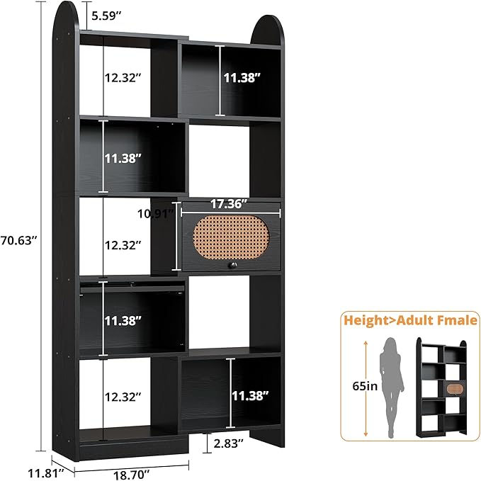 IRONCK Bookshelf and Bookcase with 2 Rattan Design Flip-top Storage Cabinets, 6 Tier 8 Cube Bookcases Storage Shelves Organizer for Living Room, 35.4" Black