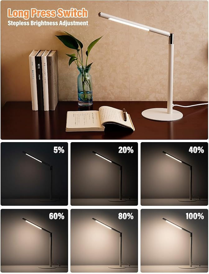 LED Desk Lamp, Home Office Eye Lamp, 3 Modes, Infinitely Adjustable Brightness, Metal, Multi-Angle Adjustment, Detachable Desk Lamp with USB (White)