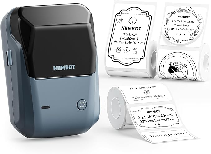 NIIMBOT B1 Label Maker with Tapes, 2 Inch Portable Thermal Label Printer for Home School Office Small Business, Address, Bakery, Crafts, Retail, Support Smartphones & PC, 3 Rolls Tapes, Dark Blue