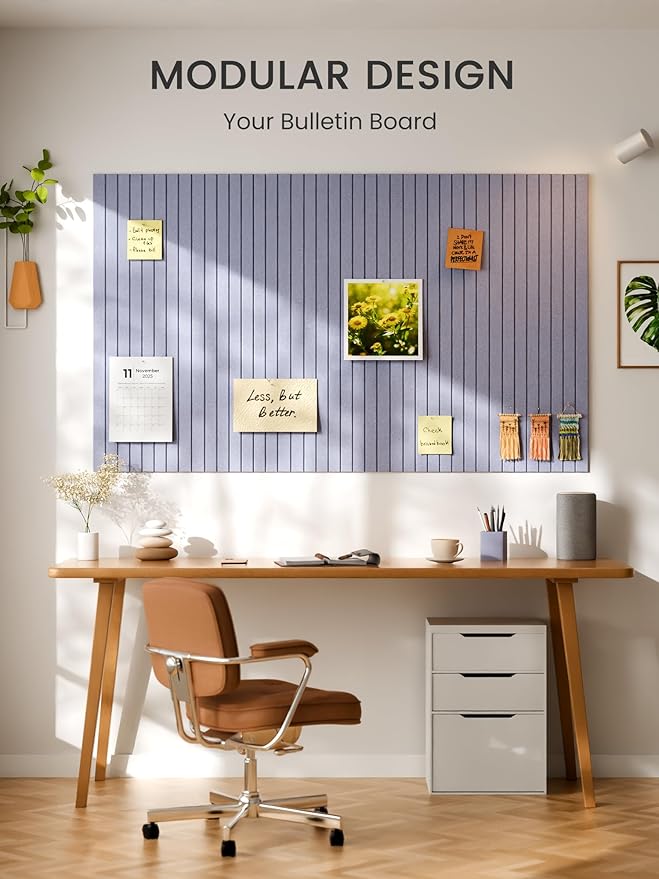 Bumusty Large Cork Board Alternative-36 x 24" Felt Bulletin Board Tiles, with 30 Pushpins, 40 Adhesive Tabs, 6-Pack Slat Wall Paneling, Cork Boards for Office Push Pin Board-Soft Periwinkle