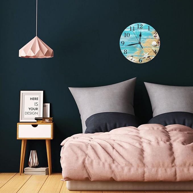 sea Shells Wooden Board Background Wall Clock Battery Operated Silent Round Clock Wall Decor for Home Office School, 12 Inch