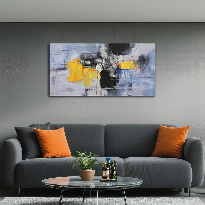 Arjun Abstract Wall Art for Living Room, Modern Black Grey Neutral Canvas Painting for Bedroom, Framed Textured Neutral Artwork Large Picture Dining Room Kitchen Mens Room Wall Decor 40"x20"
