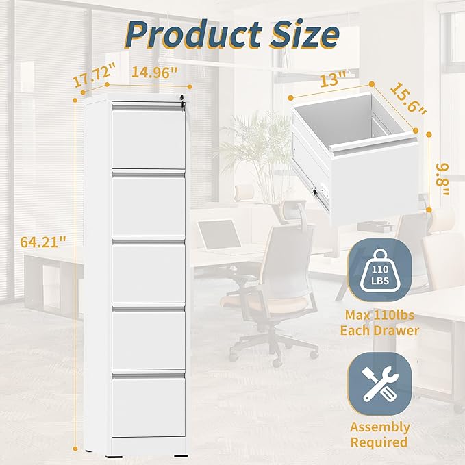 5 Drawer File Cabinet with Lock, Vertical Filing Cabinets for Home Office, Metal Storage Cabinets, Heavy Duty File Cabinet for Letter/Legal/A4/F4 Size Amsseble Required, White