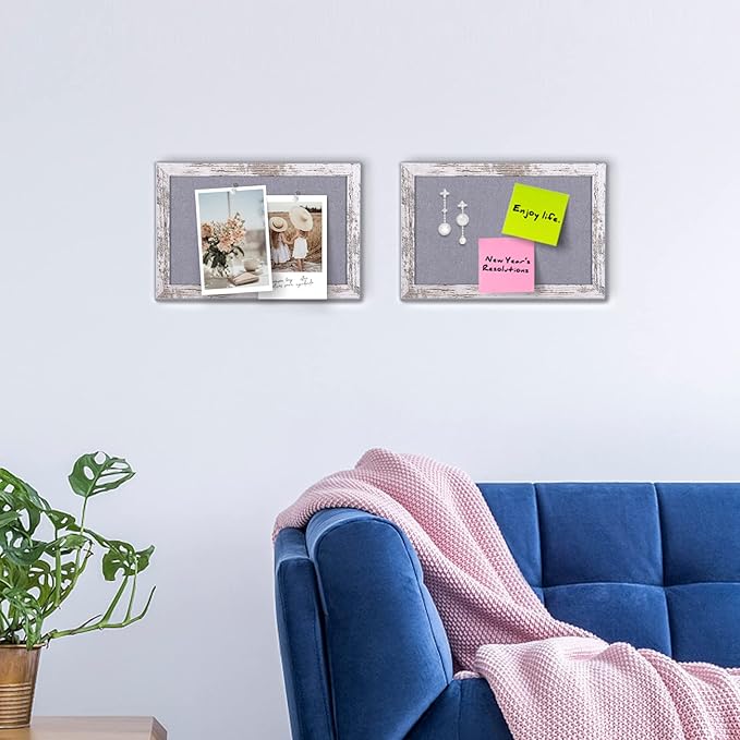 Gray Felt Bulletin Board, Small Decorative Hanging Bulletin Boards for Walls with White Rustic Wood Frame, 11.8x8.6 inches Pin Board Vision Board for Office Home School with Pins(2230,WH,1p)