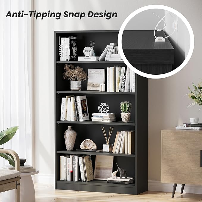 Bookcase Adjustable Storage Shelves,5-Tier Modern Wood Bookcase for Bedroom,60-Inch Bookshelf, Office, Living Room & Library(Grey)