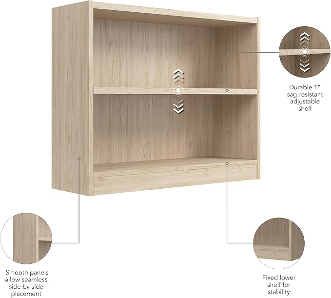 Bush Home Universal Small 2 Shelf Bookcase in Natural Elm, Low Storage and Display Bookshelf for Home Office or Living Room Organization