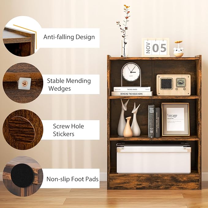 Tangkula 3 Tier Bookcase, Floor Standing Open Bookshelf with 18-Position Adjustable Shelves, Anti-toppling Device, Modern Multipurpose Display Storage Organizer for Living Room Study (1, Brown)