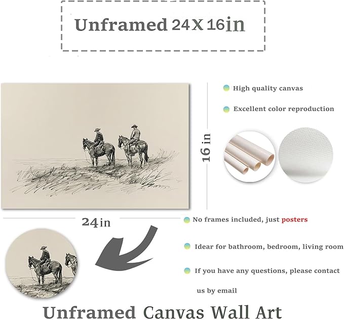 Vintage Cowboys on Horses Sketch Canvas Print Neutral Western Wall Art Farmhouse Wall Decor Rustic Country Art Poster Trendy Eclectic Vintage Artwork Prints for Living Room Dorm Office Decor, Unframed