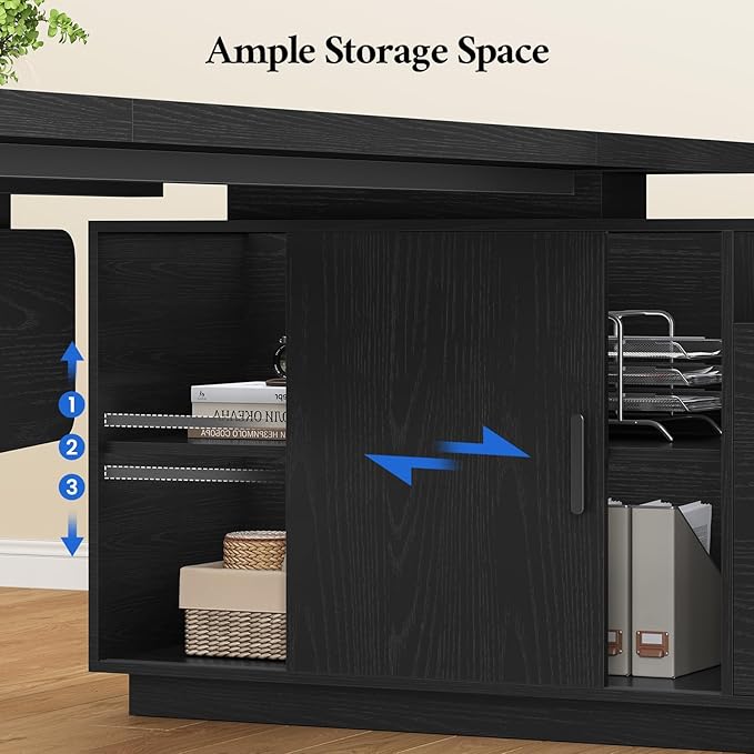 78 inch L Shaped Executive Desk with Power Outlets, Large Home Office Desk with Storage Drawers and File Cabinet, Modern Computer Desk with Shelves, Black Business Furniture