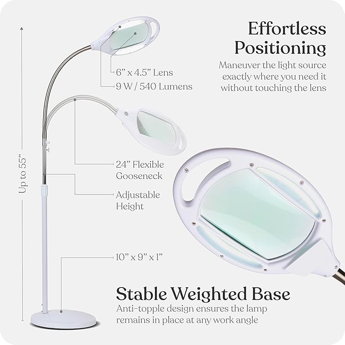 Brightech LightView Pro Magnifying Glass with Light and Stand, Magnifying Floor Lamp with Sturdy Weighted Base for Facials, Lash Estheticians, Bright LED Work Light for Sewing, Crafts