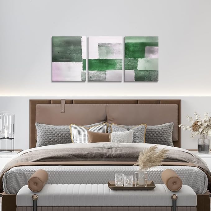 jejeloiu Modern Art 3 Piece Canvas Wall Art for Living Room Bedroom Abstract Art Picture Wall Decor 12"x16"x3pcs Green Abstract Oil Painting Office Decorations Artwork Posters