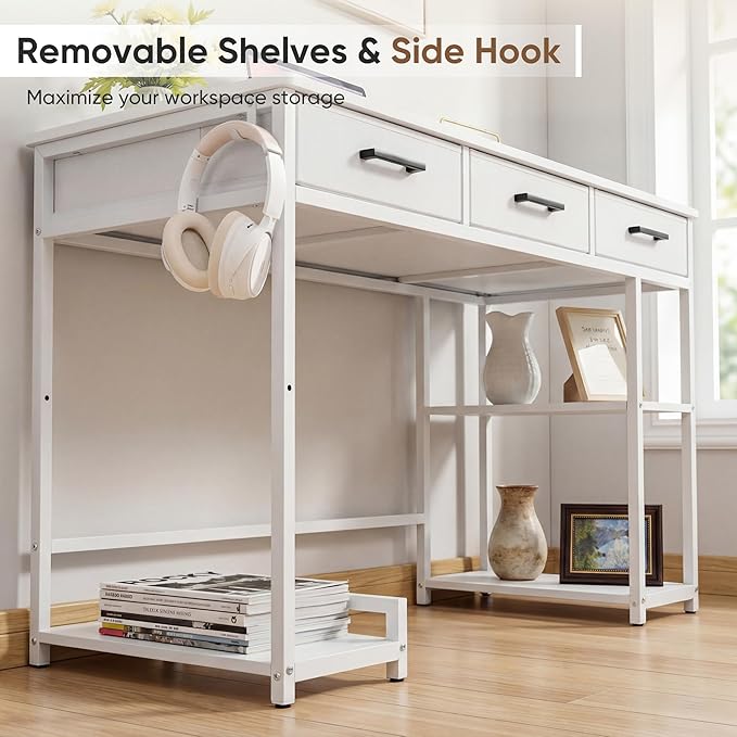 Shahoo Home Office Computer Desk with Drawers & Storage Shelves, 47.2" Modern Writing Table, White