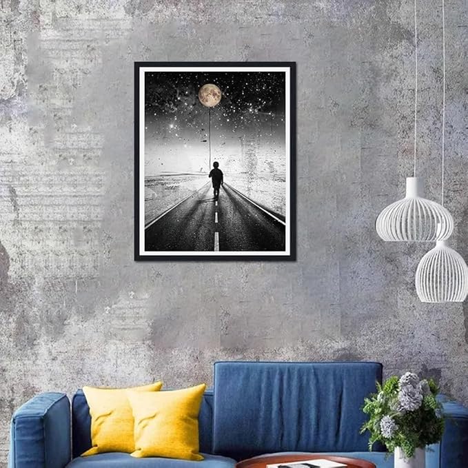 Moonlight Walk Framed Canvas Print Wall Art, Boy on Path Poster, Inspirational Night Scene Decor, Modern Bedroom or Living Room Ready to Hang, 12.5x16.5 Inches