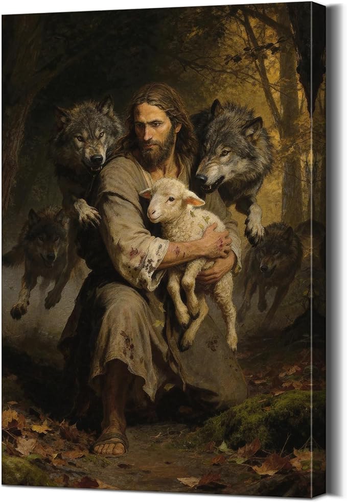 YOUHONG Jesus Wall Art Religious Decor Christian Art Wall Decor Jesus Protect the Lamb from Wolves Canvas and the Lamb Poster Christian Canvas for Home Ready to Hang (24x36 Inch)