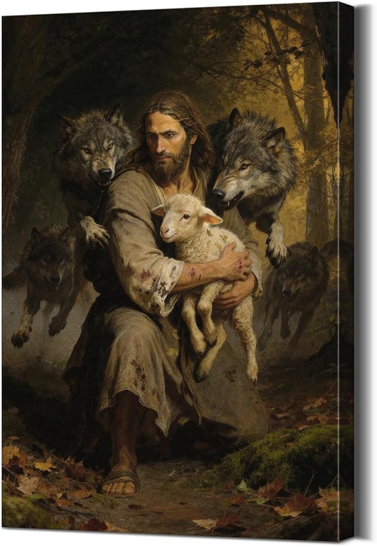 YOUHONG Jesus Wall Art Religious Decor Christian Art Wall Decor Jesus Protect the Lamb from Wolves Canvas and the Lamb Poster Christian Canvas for Home Ready to Hang (24x36 Inch)