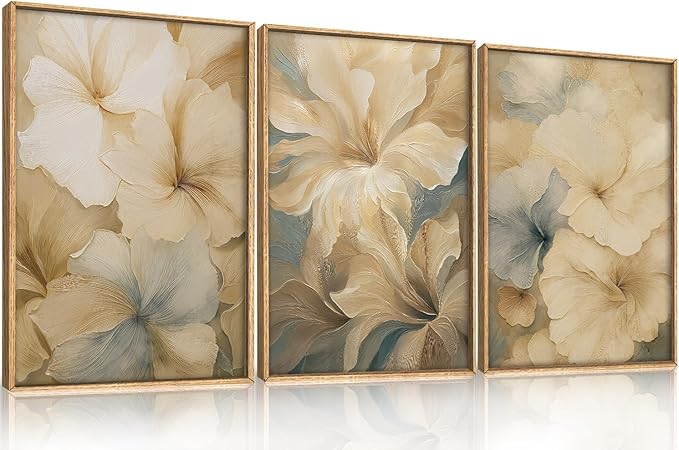 KAIRNE Abstract Floral Wall Art Set of 3, Modern Neutral Flower Prints, Boho Botanical Artwork for Living Room Bedroom Office, 24×36inch