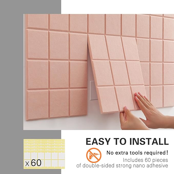 Large Cork Board, 12 Pack Felt Wall Tiles with Safe Removable Adhesive, Bulletin Board for Office, Pin Tack Corkboard for Quilting Design & Dart Wall Protector 48" x 36" - Pink Ivory