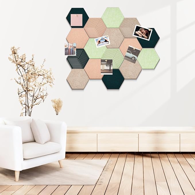 16 Pcs Hexagon Cork Boards Tiles for Walls Decor 7 x 6 Inch Cork Bulletin Board Tiles with 50 Pins, Pin Board for Office Home for Office & Home for Notes Photos and DIY Classroom Decor