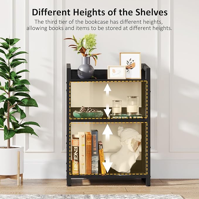 Hosfais Book Shelf Small Bookshelf - 3-Tier Wood Bookcase Industrial Bookshelf Metal Narrow Bookcase Storage Organizer Display Rack for Bedroom Living Room Home Office (Black)