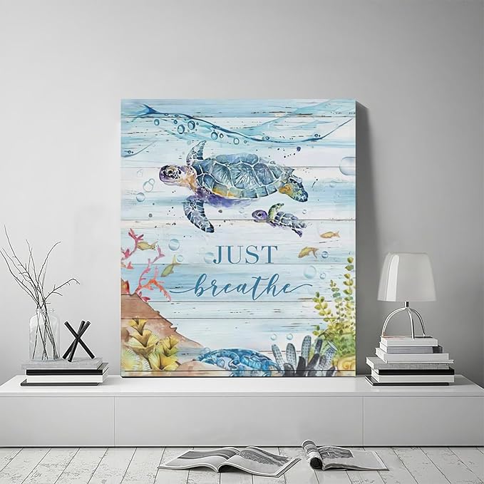 Ocean Sea Turtle Wall Art Nautical Just Breathe Pictures Wall Decor Beach Seaweed Canvas Coastal Painting Modern Artwork Home Decoration for Bathroom Living Room Bedroom Office Framed 20"x24"