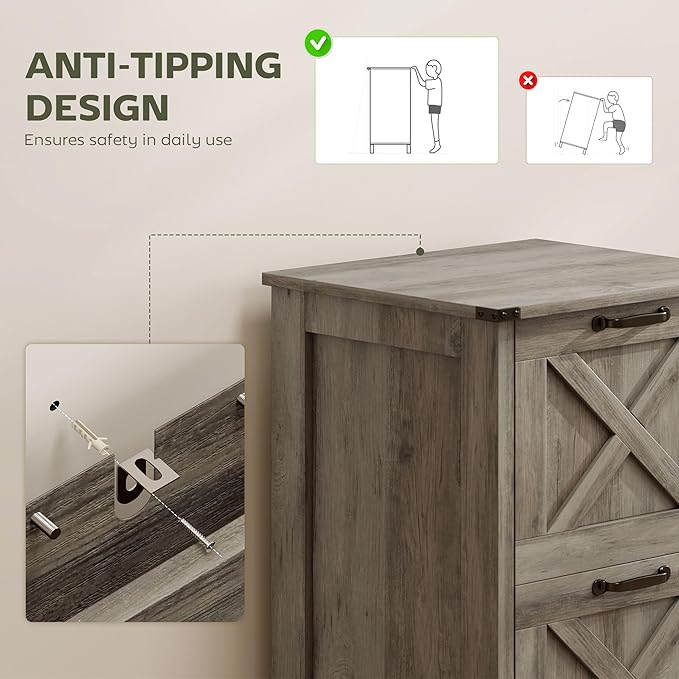 HOMCOM 2 Drawer Vertical File Cabinet with Silent Slides, Rustic Farmhouse Filing Cabinet with Barn Doors for A4/Letter Size, Printer Stand with Storage for Home Office, Distressed Gray