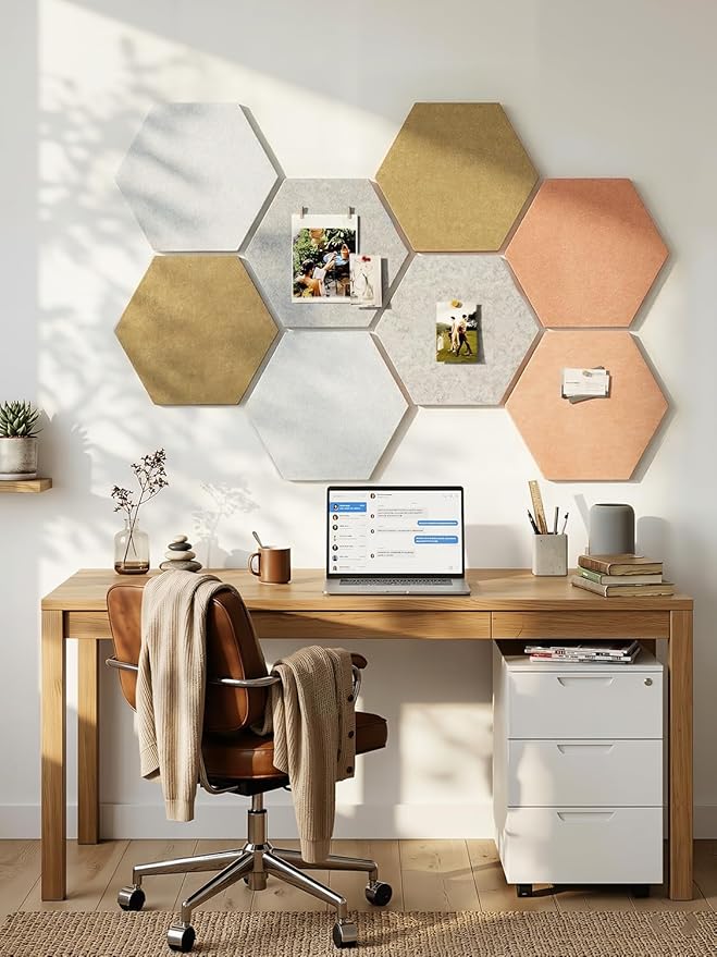 8 Pack Hexagon Felt Bulletin Board Tiles - 11.8" Large Thick Pin Board for Walls with 30 Push Pins, DIY Boards for Office Home School Decor, Aesthetic Hex Cork Board Alternative