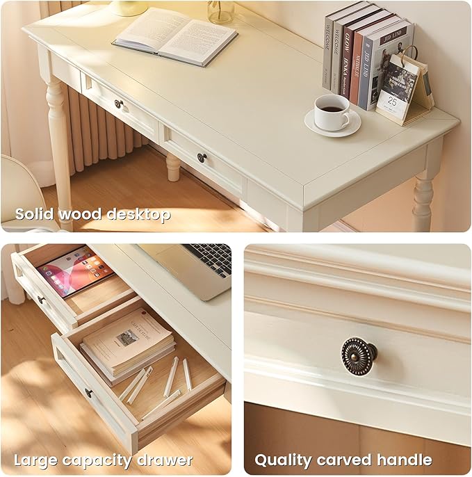 White Writing Desks with Drawers, 35" Solid Wood French Country Style Computer Desk for Home Office, Living Room Study or Workspace
