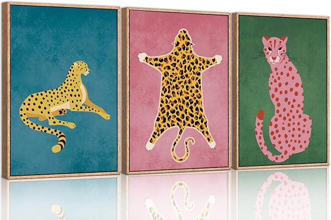 Ausril Cheetah Animals Framed Canvas Wall Art Set, Leopard Preppy Room Wall Decor, Modern Boho Cats Wall Painting, Pink Dot Cartoon Art Print for Living Room Bedroom Dinning Room Office 24"x36"x3