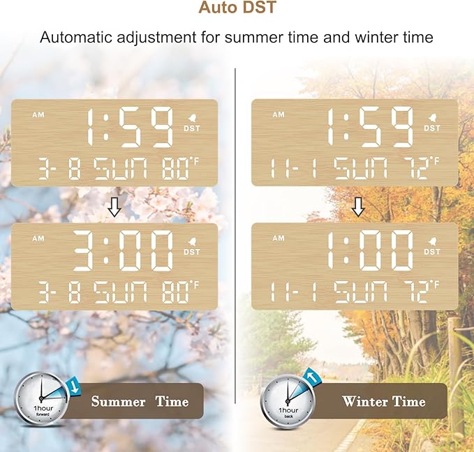 DreamSky Wooden Digital Alarm Clocks for Bedrooms - Living Room Desk Clock with Date and Day of Week, Temperature, USB Port, Dimmer Wheel, Adjustable Volume, Auto DST, Wood Decor for Office Table