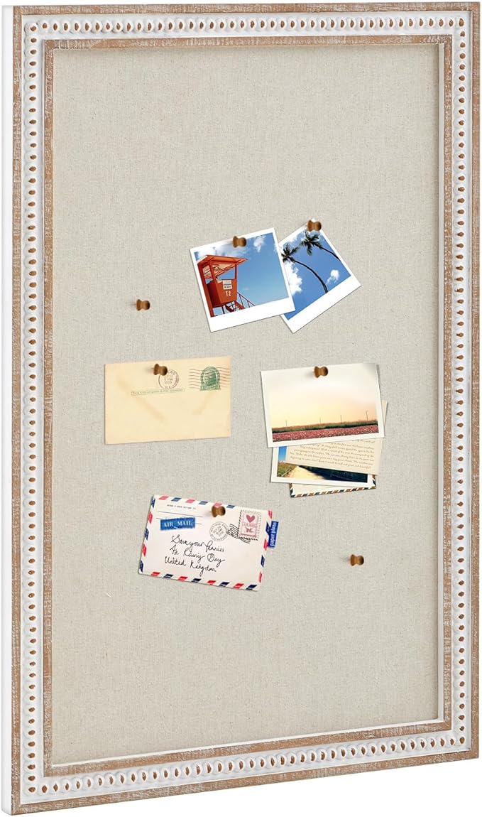 Vintage Framed Pin Board Linen Display Bulletin Board Large Cork Fabric Picture Photo Pinboard Memo Ornate Decorative Pinboard Ornate for Wall Gift(Rectangle,24" X 36",Retro White)