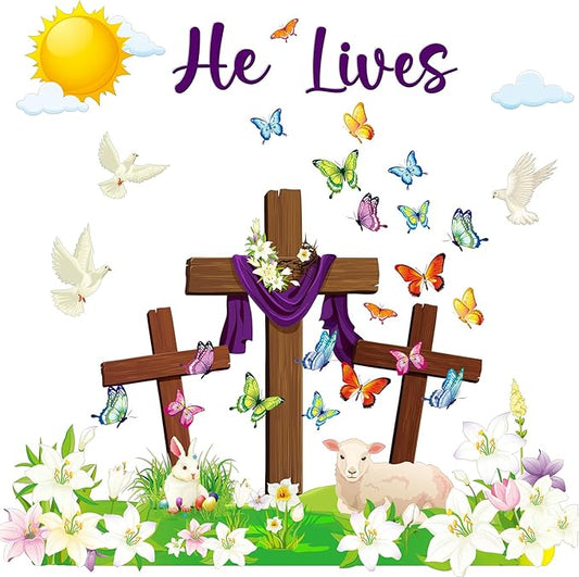Funrous Easter Classroom Decorations Easter Christian Bulletin Board Set Religious Bunny Cross Cutouts for Spring School Sunday Home Church Wall Door(Christian)