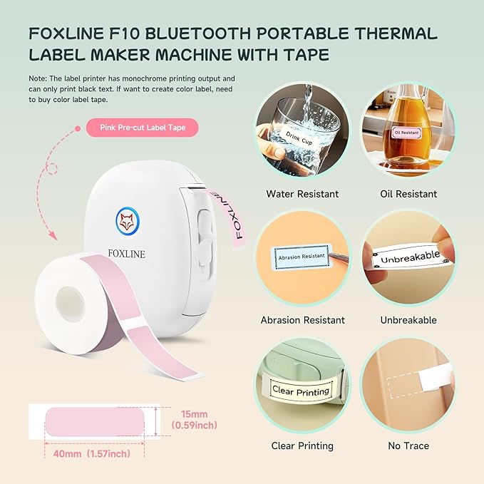 FOXLINE F10 Label Maker Machine with Pink Tape, Portable Bluetooth Thermal Mini Label Printer, Rechargeable Sticker Maker, Inkless Labeler for Home, School, Kitchen, Office Organization, White