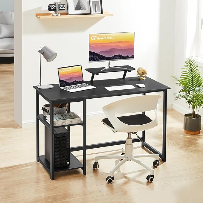 GreenForest Computer Home Office Desk with Monitor Stand and Storage Shelves on Left or Right Side,47 inch Modern Writing Study PC Laptop Work Table,Black